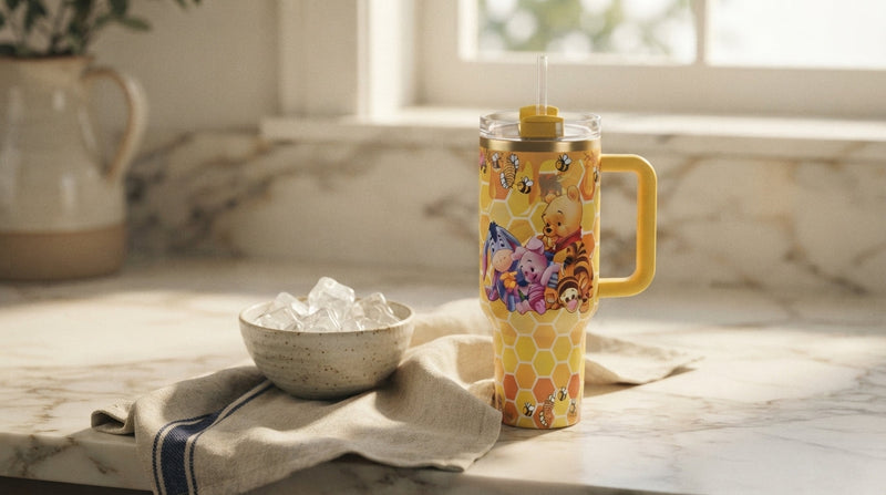 A Lovedline Honeycomb Pooh tumbler on a marble counter beside a bowl of ice
