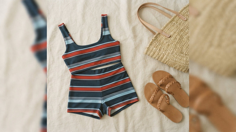 A Lovedline striped matching set flat-laid on cream linen with a woven tote and sandals
