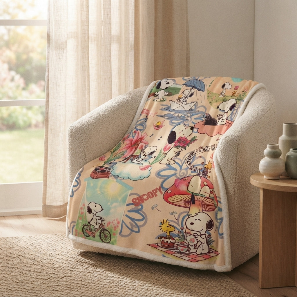 Lovedline Snoopy cozy blanket draped over a boucle armchair by a window