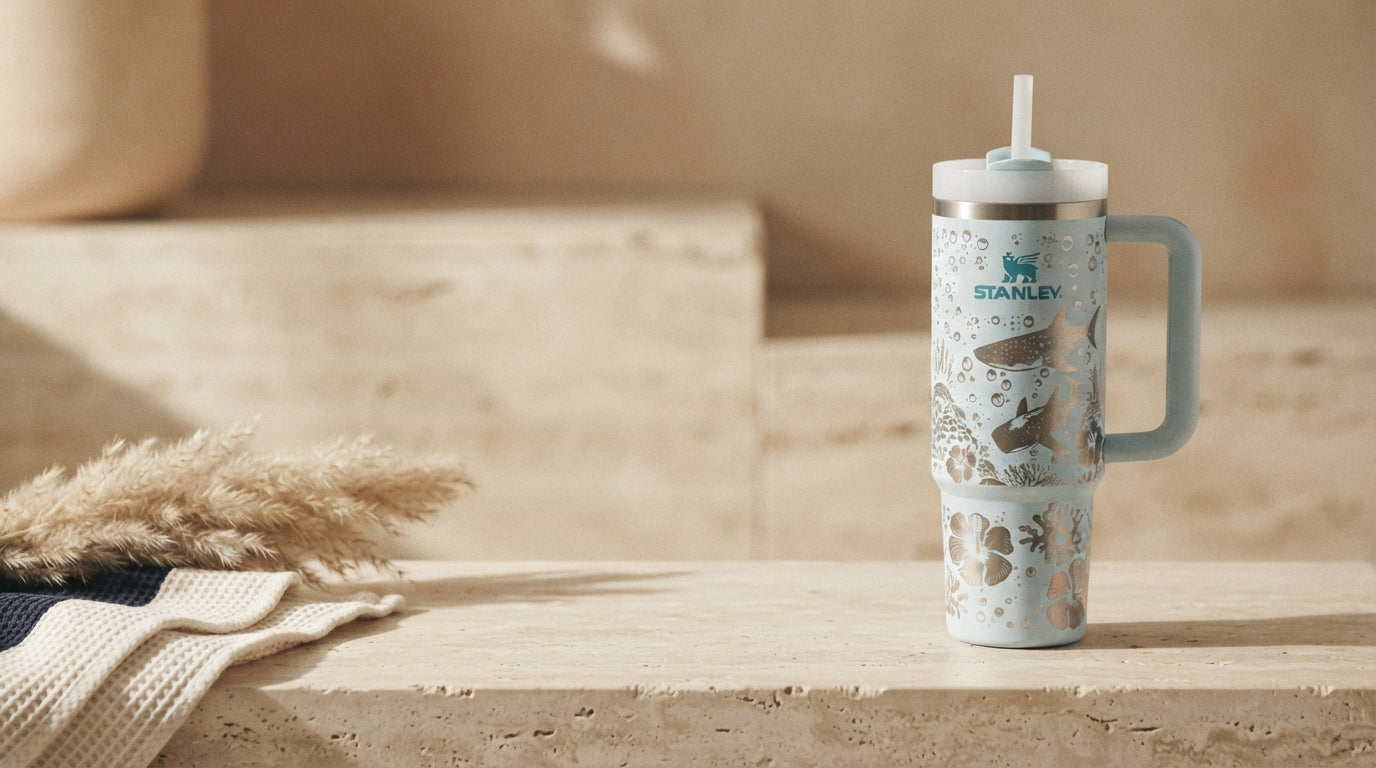 Lovedline Whale Shark Reef Adventure 40oz tumbler on a travertine ledge