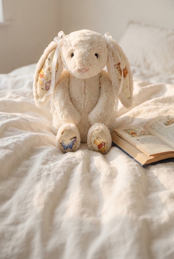 Lovedline Winnie the Pooh bunny plush on cream linen, portrait crop