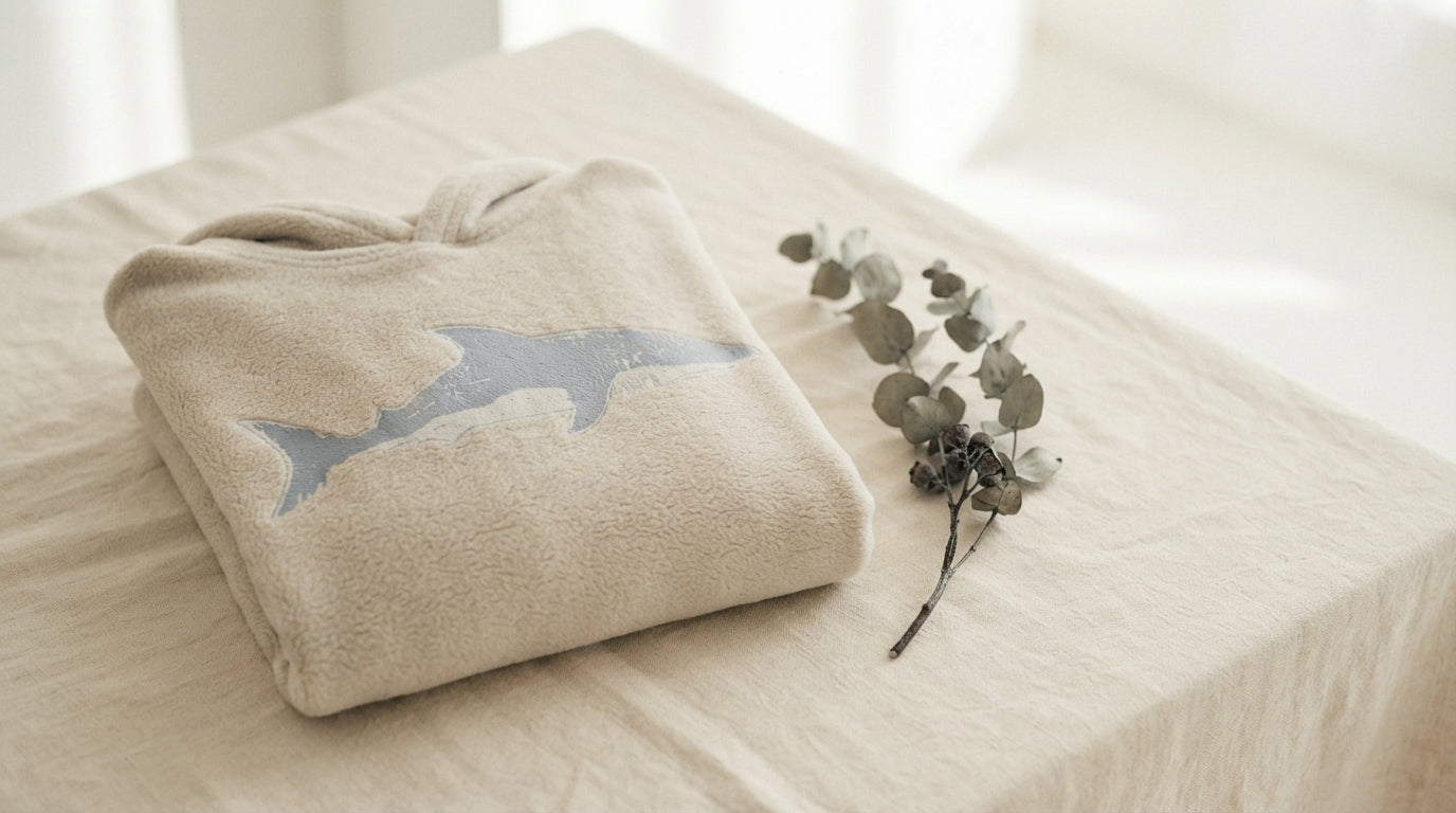 Lovedline Shark Bay hoodie folded on cream linen in a bright minimal studio