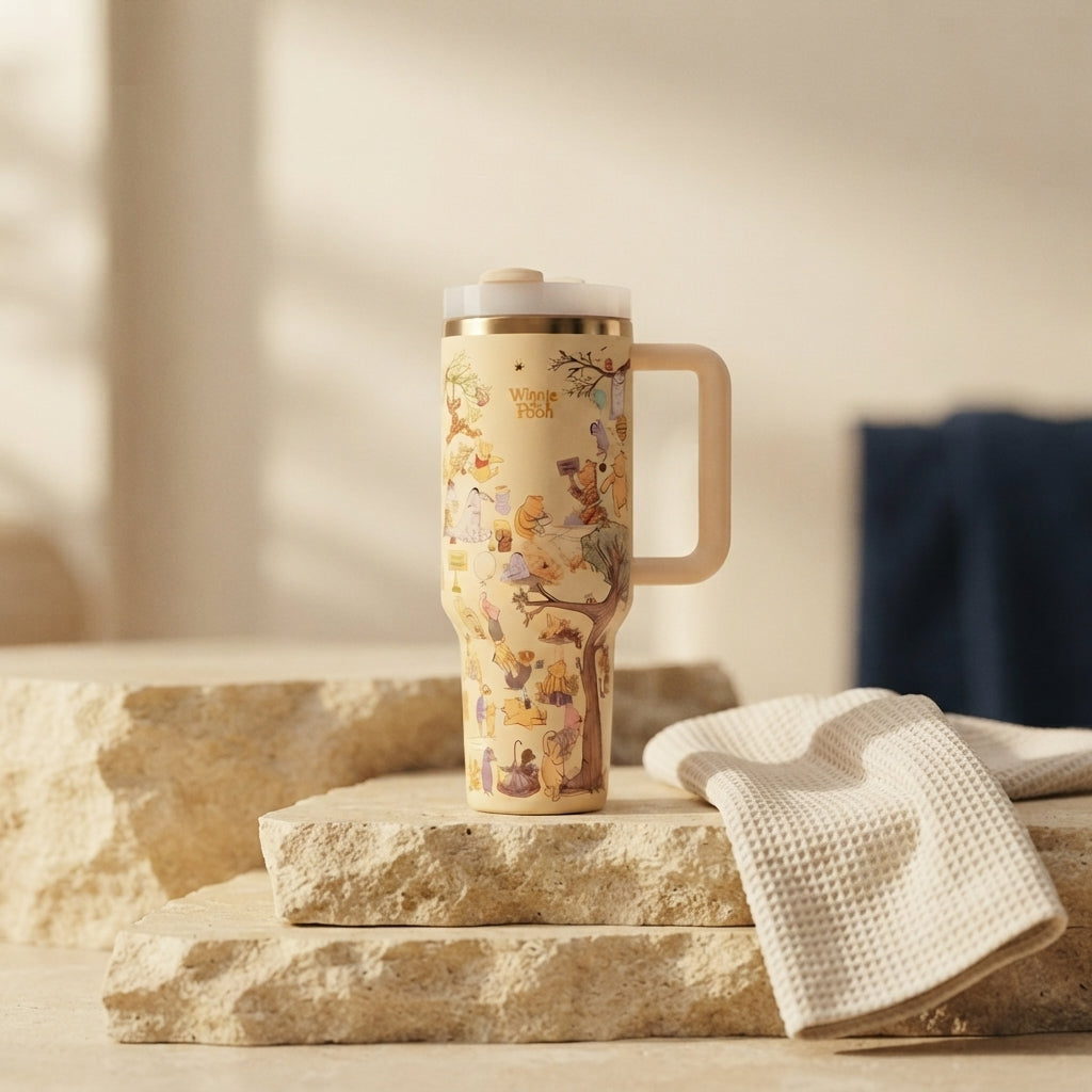 Lovedline Winnie the Pooh 40oz tumbler styled as a studio still life on stone plinths