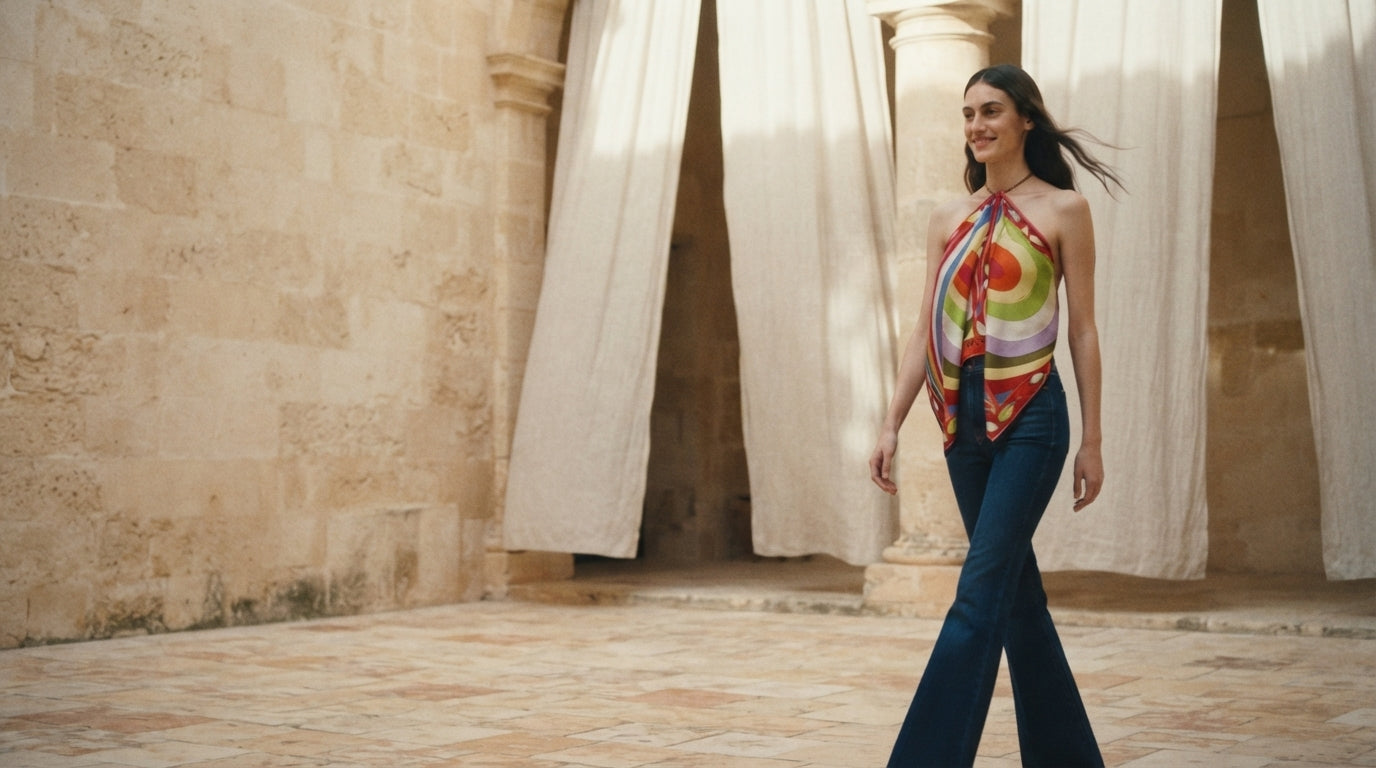 Model wearing the Lovedline Iride print scarf chain top in a sunlit stone courtyard