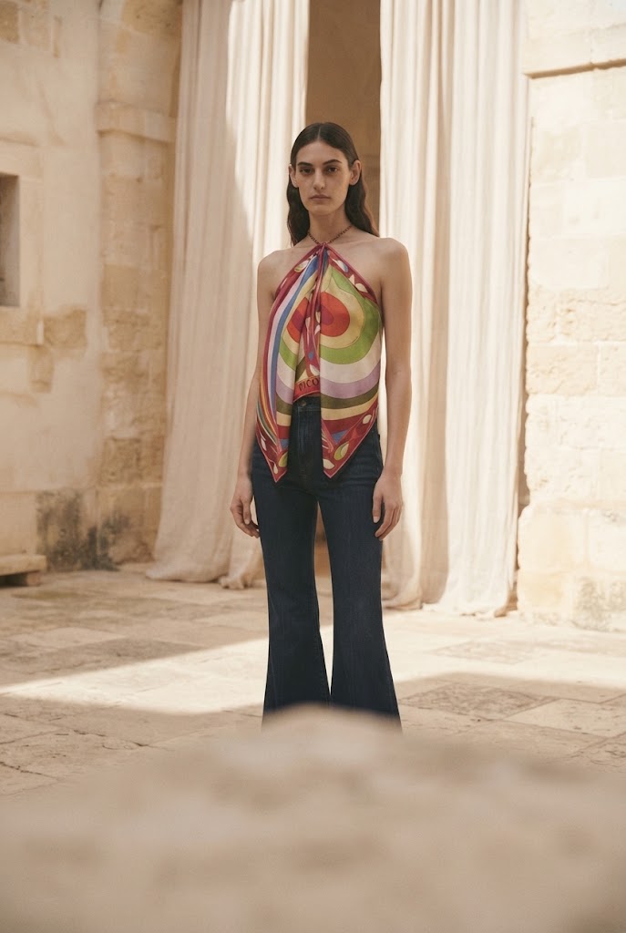 Model wearing the Lovedline Iride print scarf chain top, portrait crop