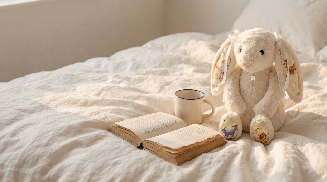 Lovedline Winnie the Pooh bunny plush on cream linen bedding beside an open book